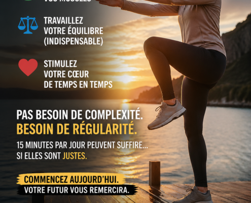 Poster de fitness en français montrant une femme faisant un exercice d’équilibre sur un quai au coucher du soleil, avec des conseils: « Bougez régulièrement », « Renforcez vos muscles », « Travaillez votre équilibre (indispensable) », « Stimulez votre cœur », et les informations de Lina Hadid (coach) et son site web.