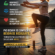 Poster de fitness en français montrant une femme faisant un exercice d’équilibre sur un quai au coucher du soleil, avec des conseils: « Bougez régulièrement », « Renforcez vos muscles », « Travaillez votre équilibre (indispensable) », « Stimulez votre cœur », et les informations de Lina Hadid (coach) et son site web.