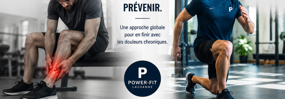 Power-Fit Lausanne banner: left man holding a痛 ankle, right man lunging; center text: 'Récupérer. Renforcer. Prévenir.'