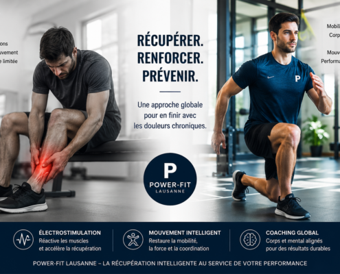 Power-Fit Lausanne banner: left man holding a痛 ankle, right man lunging; center text: 'Récupérer. Renforcer. Prévenir.'