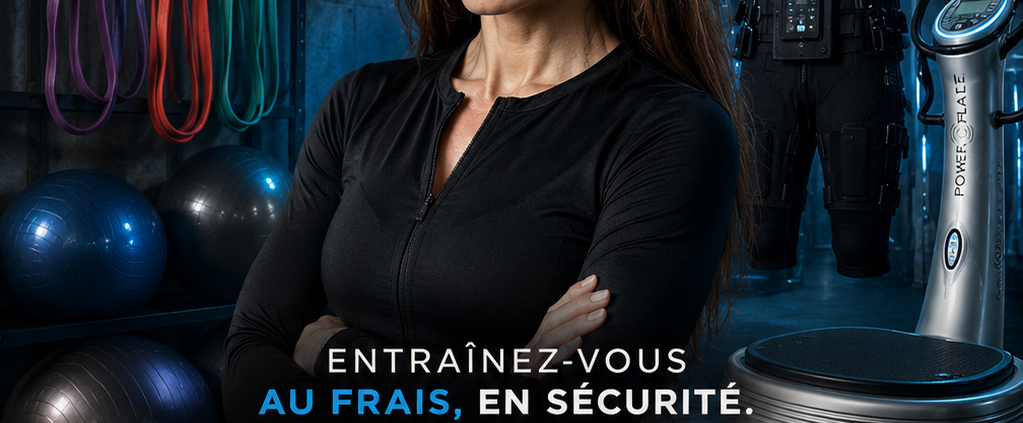 Promotional poster for safe training in Lausanne, featuring a serious woman in a gym with a Power-Fit device and EMS gear on display.