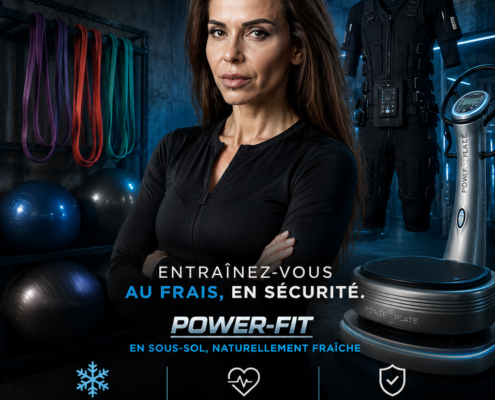 Promotional poster for safe training in Lausanne, featuring a serious woman in a gym with a Power-Fit device and EMS gear on display.