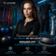 Promotional poster for safe training in Lausanne, featuring a serious woman in a gym with a Power-Fit device and EMS gear on display.