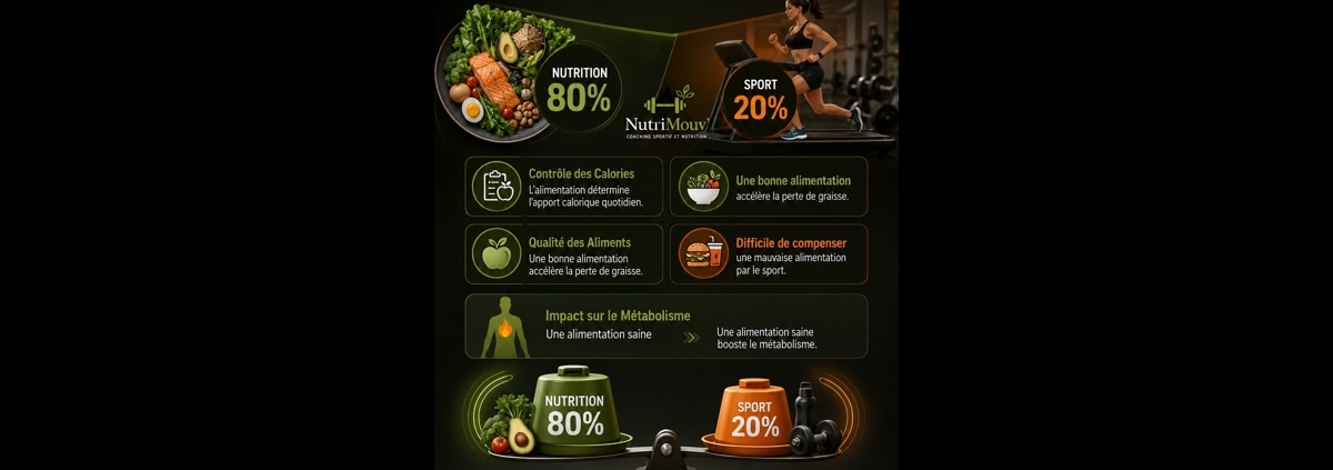 Infographie française montrant que la nutrition (80%) est plus importante que le sport (20%) pour la perte de poids, avec images de nourriture et de sport et conseils nutritionnels.