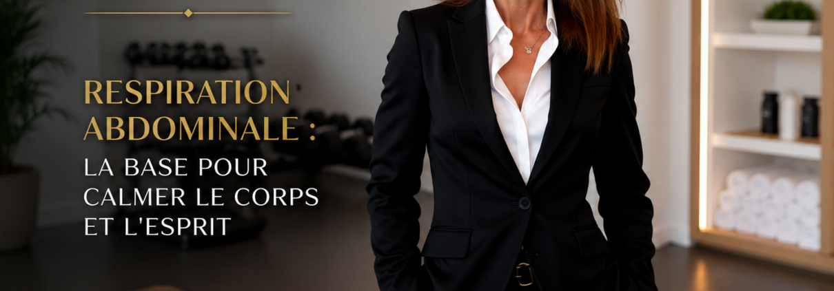 Professional woman in a black suit stands in a studio; French headline about abdominal breathing: 'Respiration Abdominale: La base pour calmer le corps et l'esprit'