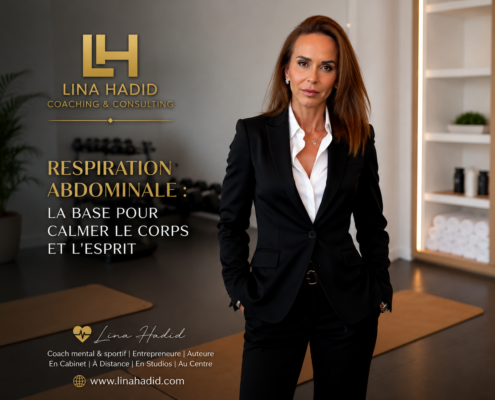 Professional woman in a black suit stands in a studio; French headline about abdominal breathing: 'Respiration Abdominale: La base pour calmer le corps et l'esprit'