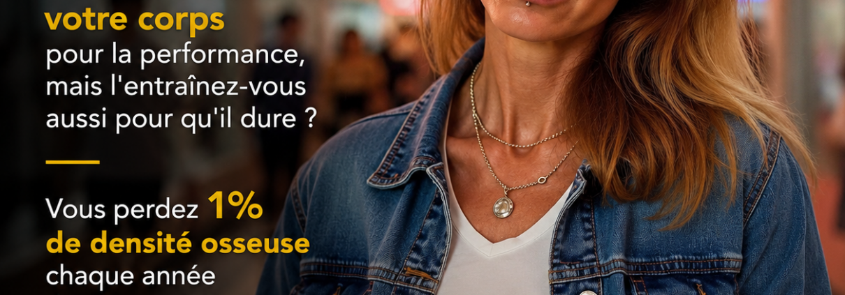 Portrait of Lina Hadid, a coach and entrepreneur, in a denim jacket with French promotional text about training your body and bone density; branding and website displayed.