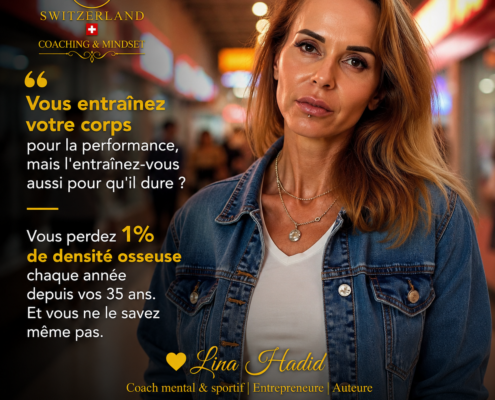 Portrait of Lina Hadid, a coach and entrepreneur, in a denim jacket with French promotional text about training your body and bone density; branding and website displayed.