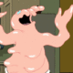 Pink gelatinous cartoon creature with outstretched arms and open mouth in a kitchen doorway, appearing surprised or scared.